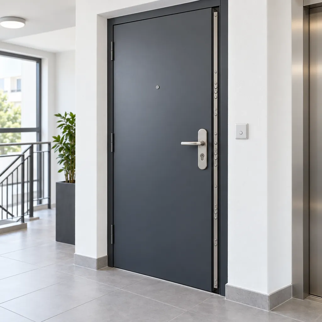 Porte palière blindée avec cornière anti-pince sur un palier d'immeuble